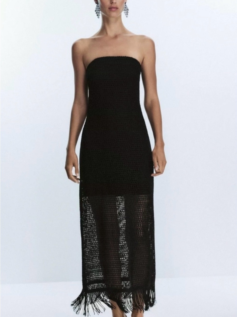 Zara Strapless Black Crochet Maxi Dress with Fringe Hem